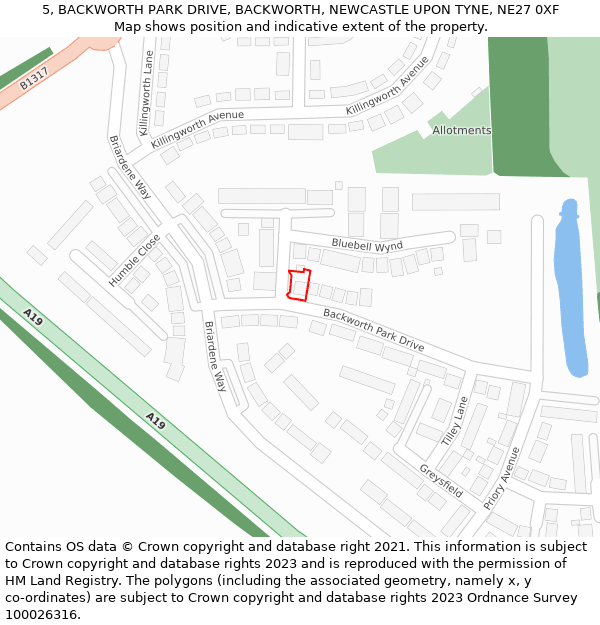 5, BACKWORTH PARK DRIVE, BACKWORTH, NEWCASTLE UPON TYNE, NE27 0XF: Location map and indicative extent of plot