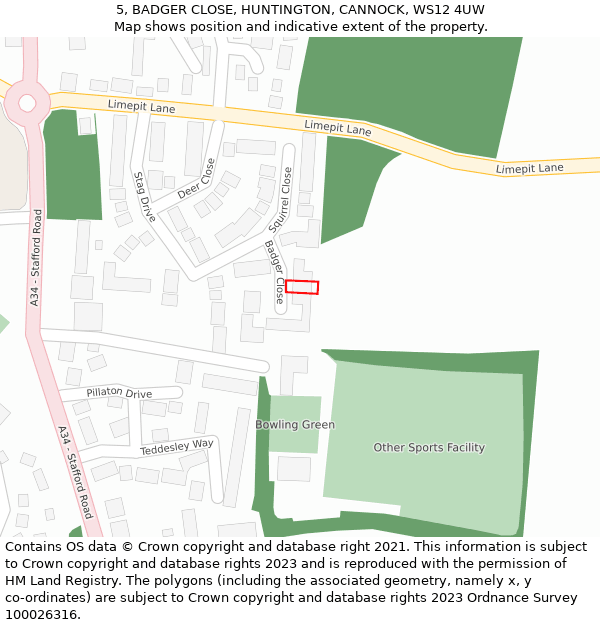 5, BADGER CLOSE, HUNTINGTON, CANNOCK, WS12 4UW: Location map and indicative extent of plot