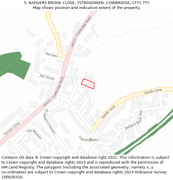 5, BADGERS BROOK CLOSE, YSTRADOWEN, COWBRIDGE, CF71 7TY: Location map and indicative extent of plot