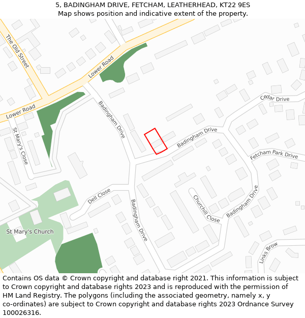 5, BADINGHAM DRIVE, FETCHAM, LEATHERHEAD, KT22 9ES: Location map and indicative extent of plot