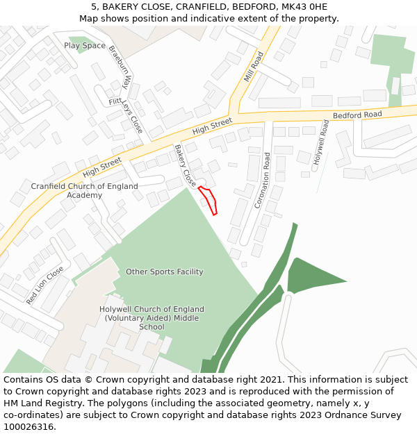 5, BAKERY CLOSE, CRANFIELD, BEDFORD, MK43 0HE: Location map and indicative extent of plot