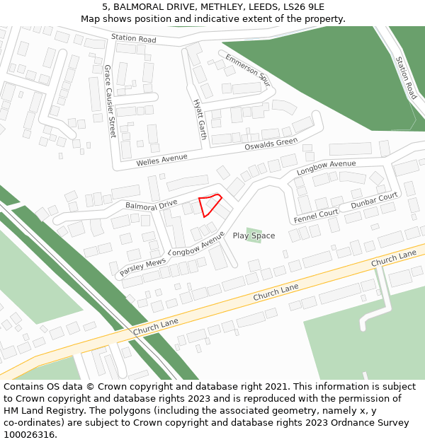 5, BALMORAL DRIVE, METHLEY, LEEDS, LS26 9LE: Location map and indicative extent of plot