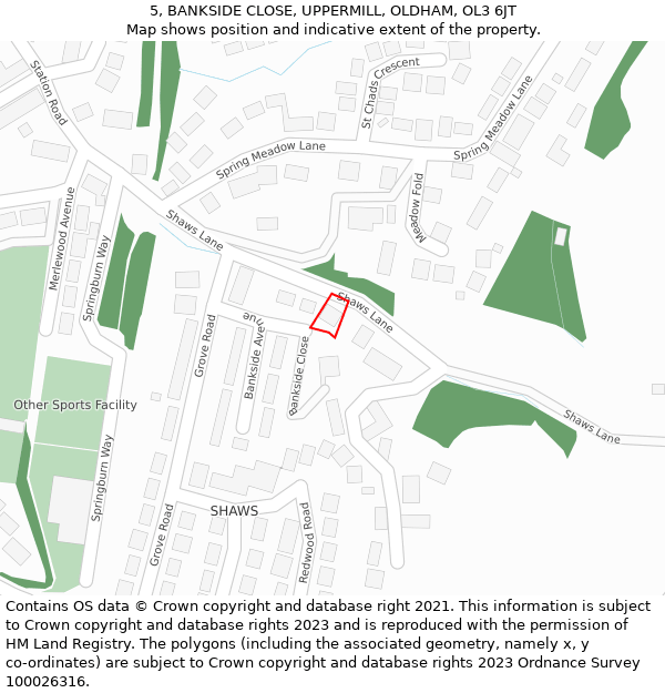 5, BANKSIDE CLOSE, UPPERMILL, OLDHAM, OL3 6JT: Location map and indicative extent of plot