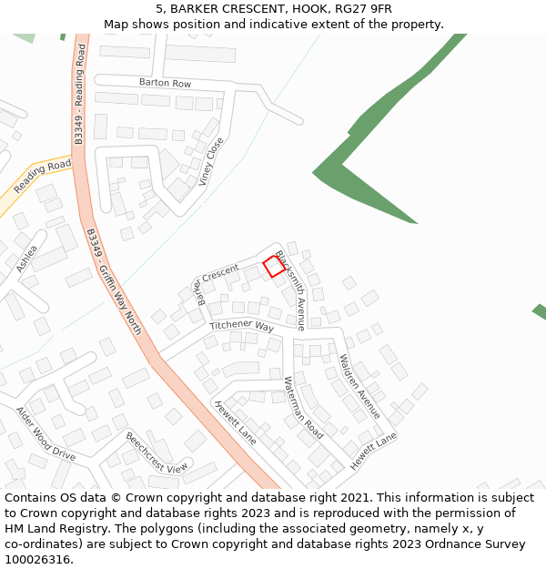 5, BARKER CRESCENT, HOOK, RG27 9FR: Location map and indicative extent of plot