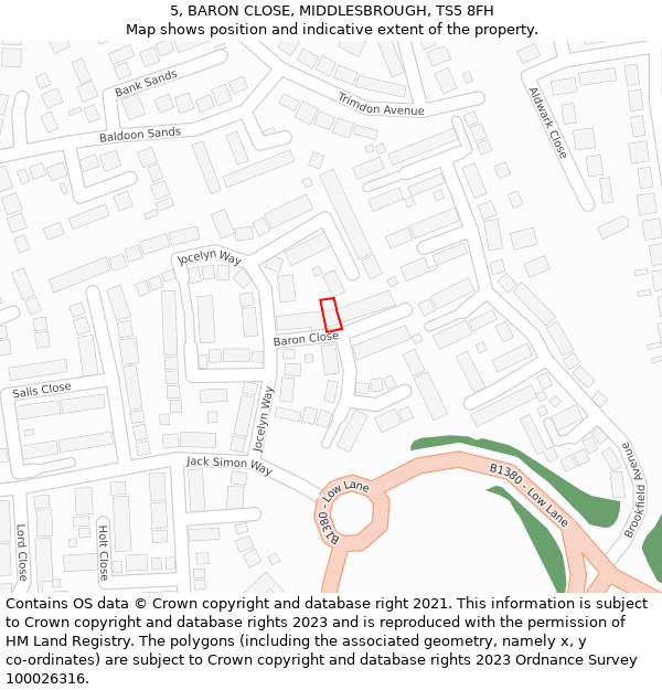 5, BARON CLOSE, MIDDLESBROUGH, TS5 8FH: Location map and indicative extent of plot