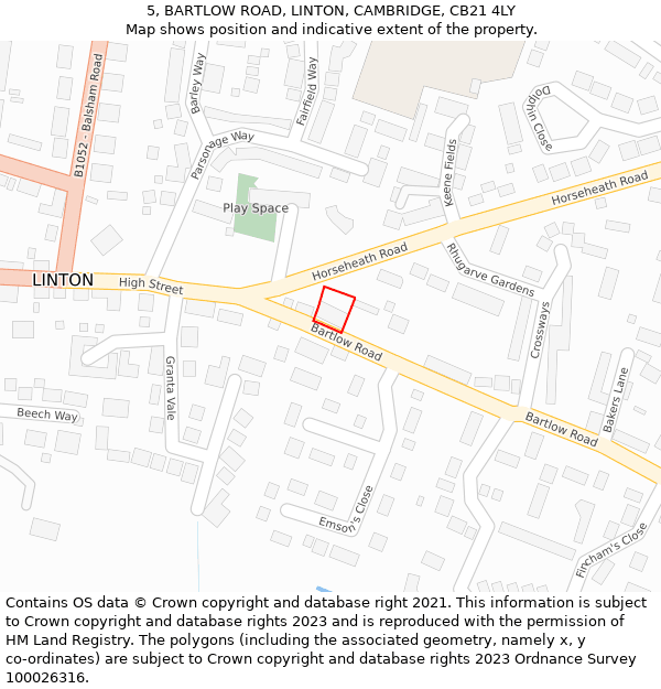 5, BARTLOW ROAD, LINTON, CAMBRIDGE, CB21 4LY: Location map and indicative extent of plot