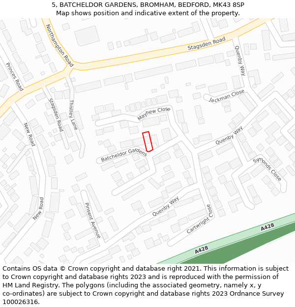 5, BATCHELDOR GARDENS, BROMHAM, BEDFORD, MK43 8SP: Location map and indicative extent of plot