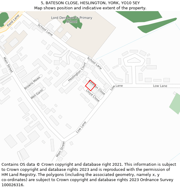 5, BATESON CLOSE, HESLINGTON, YORK, YO10 5EY: Location map and indicative extent of plot