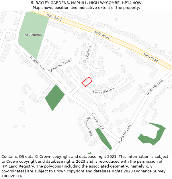 5, BAYLEY GARDENS, NAPHILL, HIGH WYCOMBE, HP14 4QW: Location map and indicative extent of plot