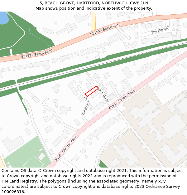 5, BEACH GROVE, HARTFORD, NORTHWICH, CW8 1LN: Location map and indicative extent of plot