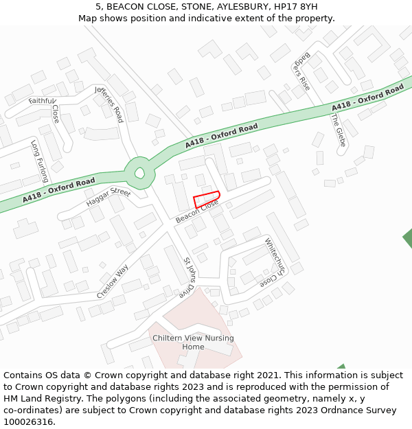 5, BEACON CLOSE, STONE, AYLESBURY, HP17 8YH: Location map and indicative extent of plot