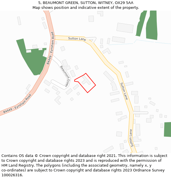 5, BEAUMONT GREEN, SUTTON, WITNEY, OX29 5AA: Location map and indicative extent of plot