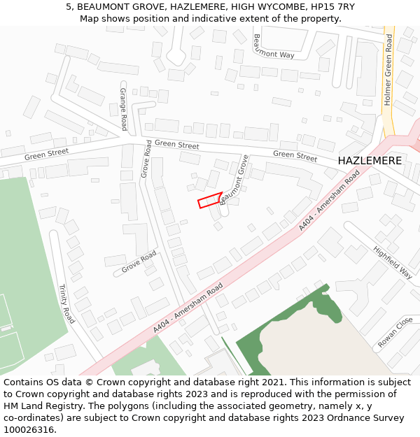 5, BEAUMONT GROVE, HAZLEMERE, HIGH WYCOMBE, HP15 7RY: Location map and indicative extent of plot