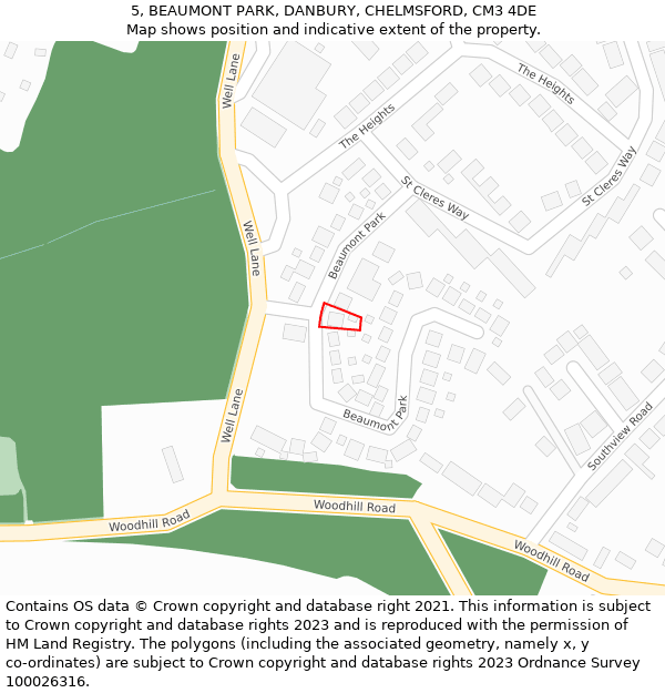 5, BEAUMONT PARK, DANBURY, CHELMSFORD, CM3 4DE: Location map and indicative extent of plot