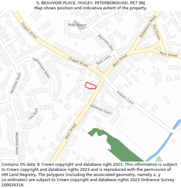 5, BEAUVOIR PLACE, YAXLEY, PETERBOROUGH, PE7 3NJ: Location map and indicative extent of plot