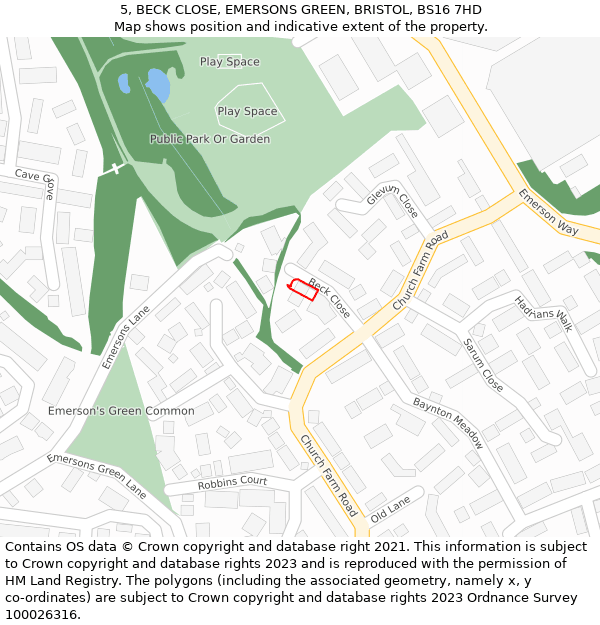 5, BECK CLOSE, EMERSONS GREEN, BRISTOL, BS16 7HD: Location map and indicative extent of plot