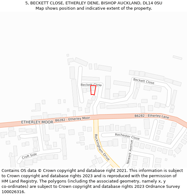 5, BECKETT CLOSE, ETHERLEY DENE, BISHOP AUCKLAND, DL14 0SU: Location map and indicative extent of plot