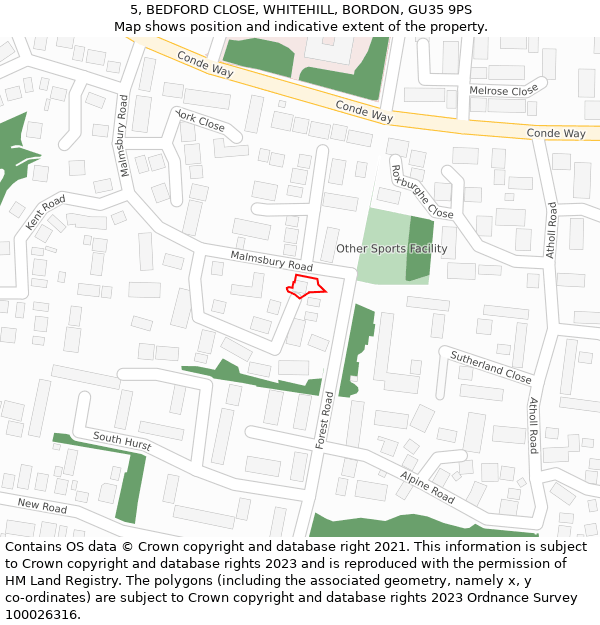 5, BEDFORD CLOSE, WHITEHILL, BORDON, GU35 9PS: Location map and indicative extent of plot