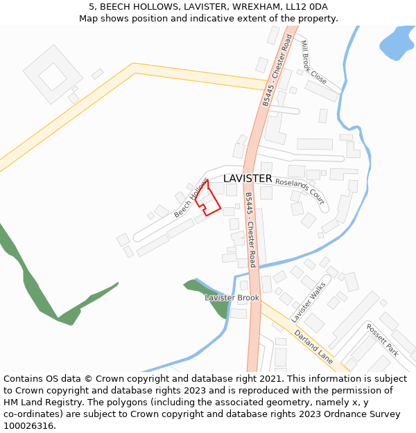 5, BEECH HOLLOWS, LAVISTER, WREXHAM, LL12 0DA: Location map and indicative extent of plot