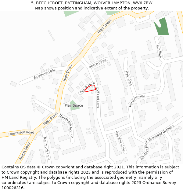 5, BEECHCROFT, PATTINGHAM, WOLVERHAMPTON, WV6 7BW: Location map and indicative extent of plot