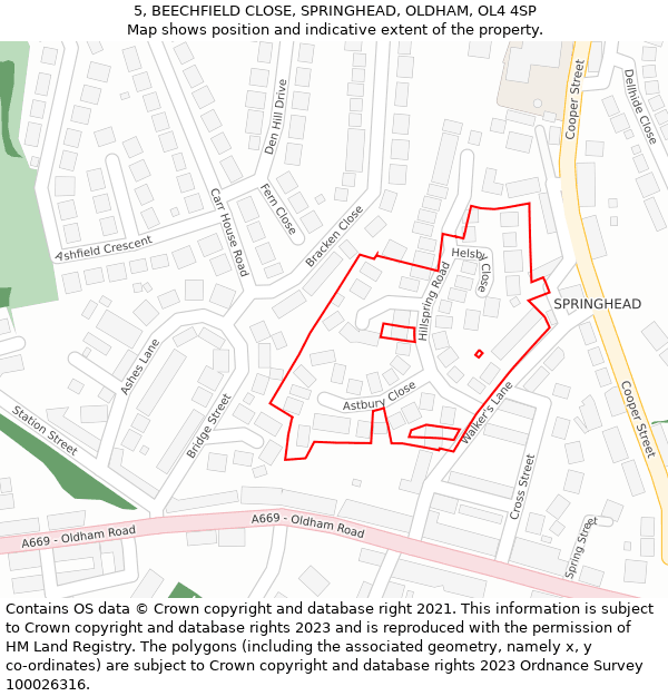 5, BEECHFIELD CLOSE, SPRINGHEAD, OLDHAM, OL4 4SP: Location map and indicative extent of plot