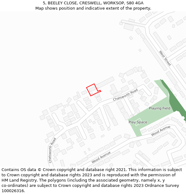 5, BEELEY CLOSE, CRESWELL, WORKSOP, S80 4GA: Location map and indicative extent of plot