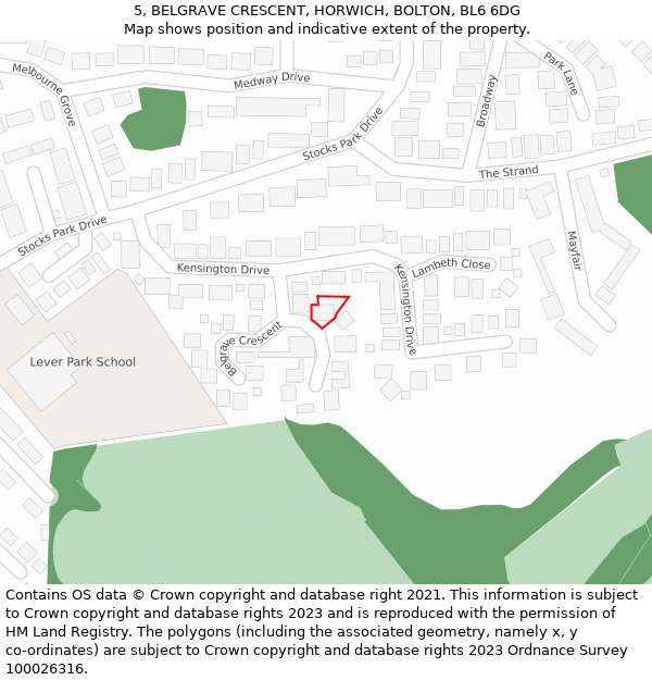 5, BELGRAVE CRESCENT, HORWICH, BOLTON, BL6 6DG: Location map and indicative extent of plot