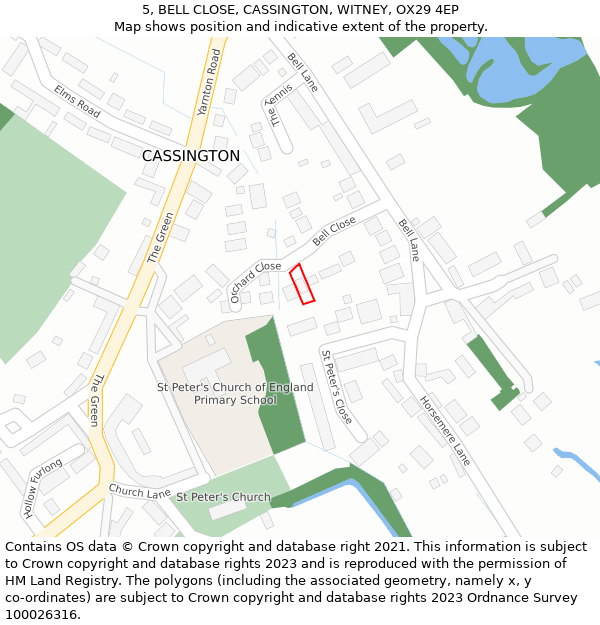 5, BELL CLOSE, CASSINGTON, WITNEY, OX29 4EP: Location map and indicative extent of plot