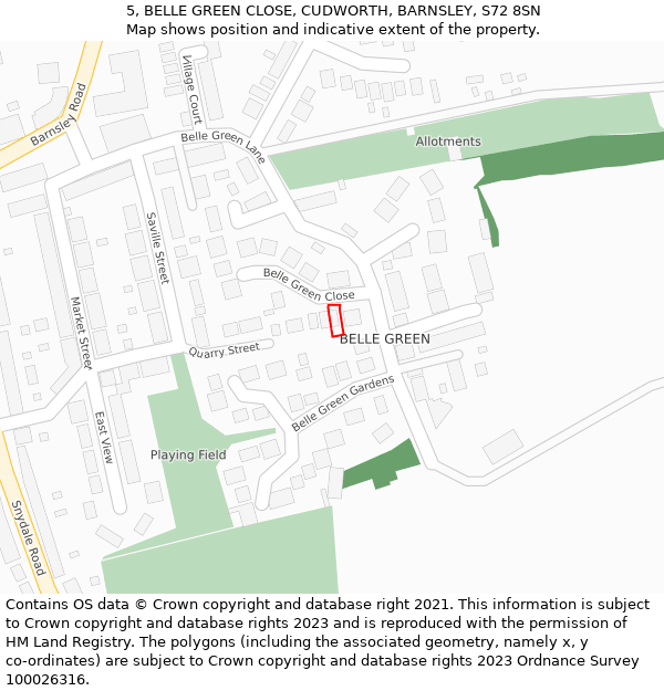 5, BELLE GREEN CLOSE, CUDWORTH, BARNSLEY, S72 8SN: Location map and indicative extent of plot