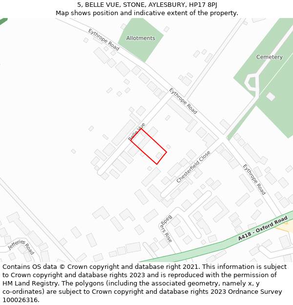 5, BELLE VUE, STONE, AYLESBURY, HP17 8PJ: Location map and indicative extent of plot