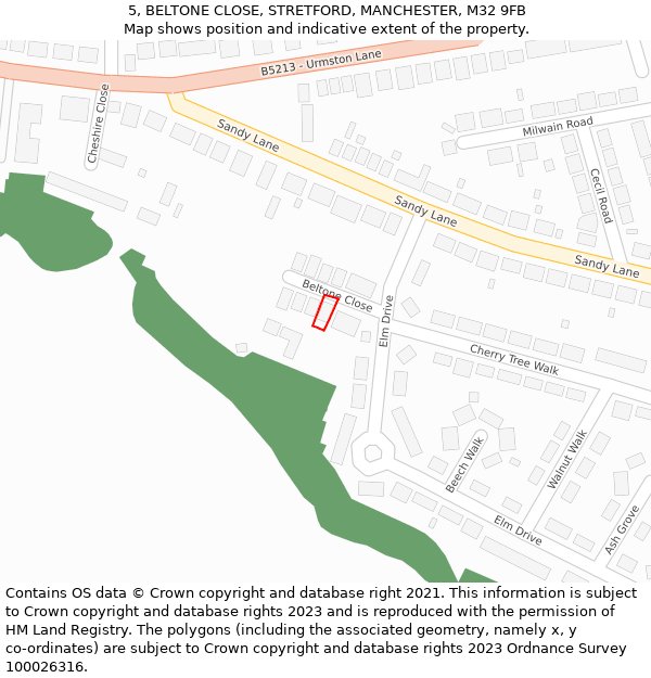 5, BELTONE CLOSE, STRETFORD, MANCHESTER, M32 9FB: Location map and indicative extent of plot