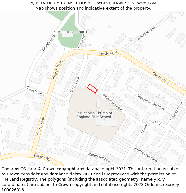 5, BELVIDE GARDENS, CODSALL, WOLVERHAMPTON, WV8 1AN: Location map and indicative extent of plot