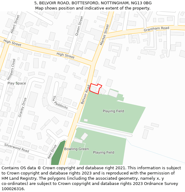 5, BELVOIR ROAD, BOTTESFORD, NOTTINGHAM, NG13 0BG: Location map and indicative extent of plot