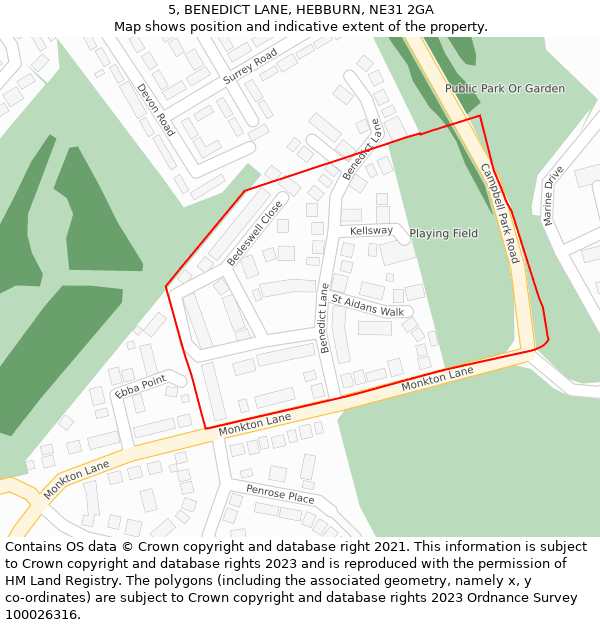 5, BENEDICT LANE, HEBBURN, NE31 2GA: Location map and indicative extent of plot