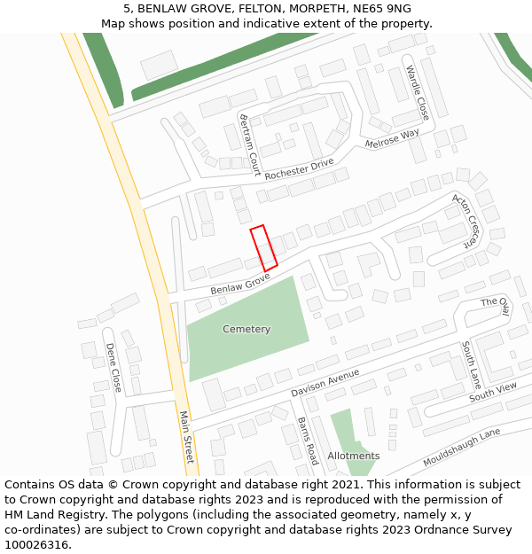 5, BENLAW GROVE, FELTON, MORPETH, NE65 9NG: Location map and indicative extent of plot