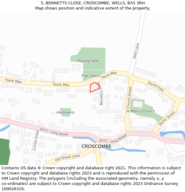 5, BENNETTS CLOSE, CROSCOMBE, WELLS, BA5 3RH: Location map and indicative extent of plot