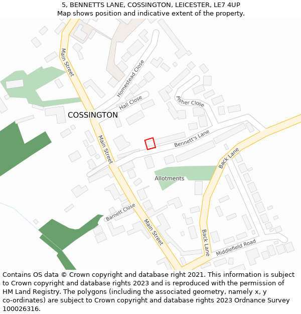 5, BENNETTS LANE, COSSINGTON, LEICESTER, LE7 4UP: Location map and indicative extent of plot