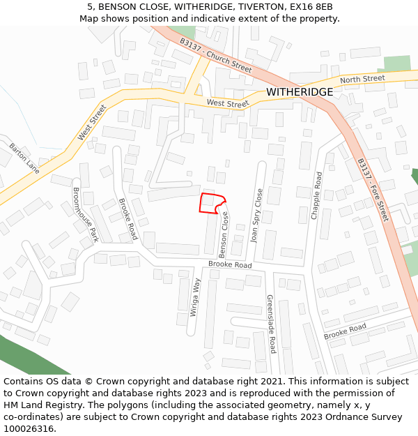 5, BENSON CLOSE, WITHERIDGE, TIVERTON, EX16 8EB: Location map and indicative extent of plot