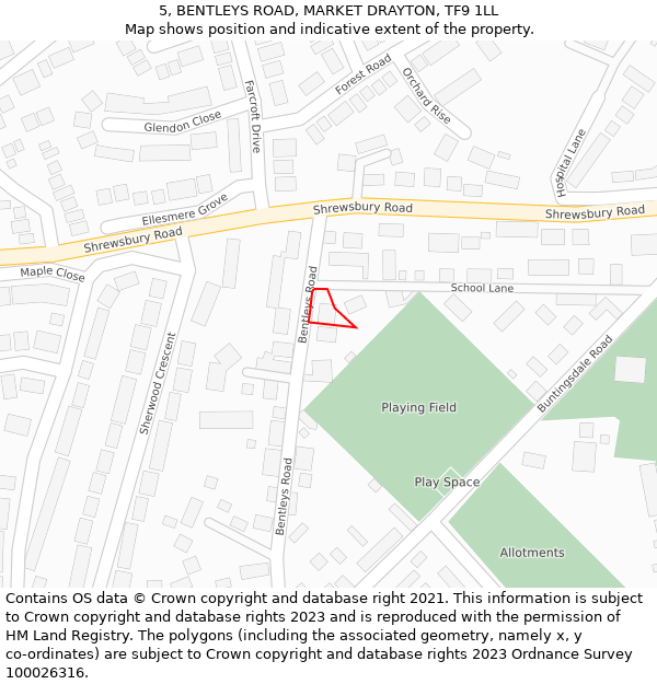 5, BENTLEYS ROAD, MARKET DRAYTON, TF9 1LL: Location map and indicative extent of plot