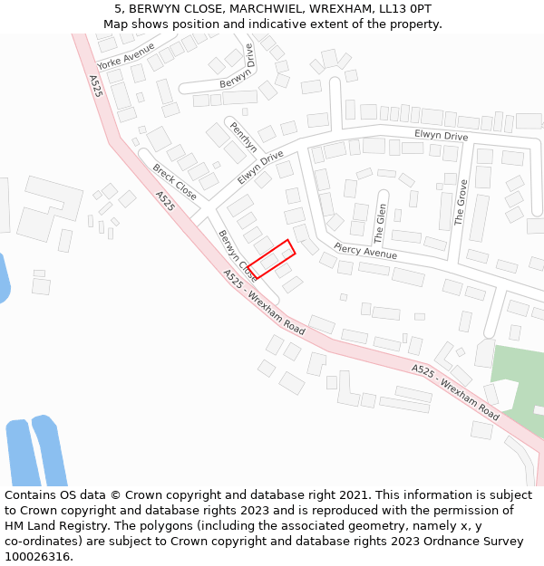 5, BERWYN CLOSE, MARCHWIEL, WREXHAM, LL13 0PT: Location map and indicative extent of plot