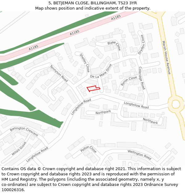 5, BETJEMAN CLOSE, BILLINGHAM, TS23 3YR: Location map and indicative extent of plot