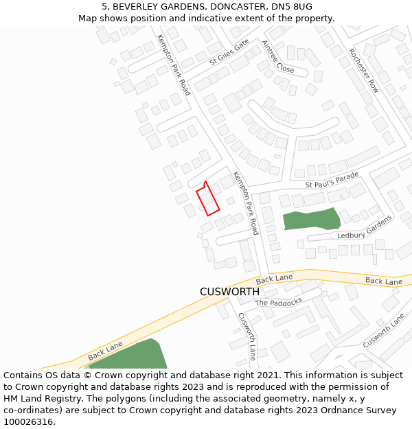 5, BEVERLEY GARDENS, DONCASTER, DN5 8UG: Location map and indicative extent of plot