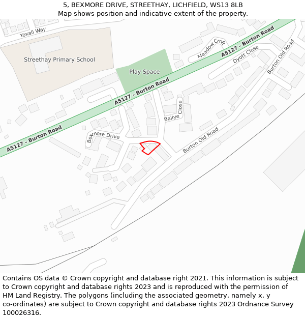 5, BEXMORE DRIVE, STREETHAY, LICHFIELD, WS13 8LB: Location map and indicative extent of plot