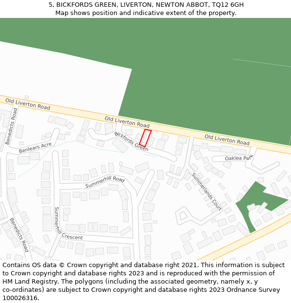 5, BICKFORDS GREEN, LIVERTON, NEWTON ABBOT, TQ12 6GH: Location map and indicative extent of plot