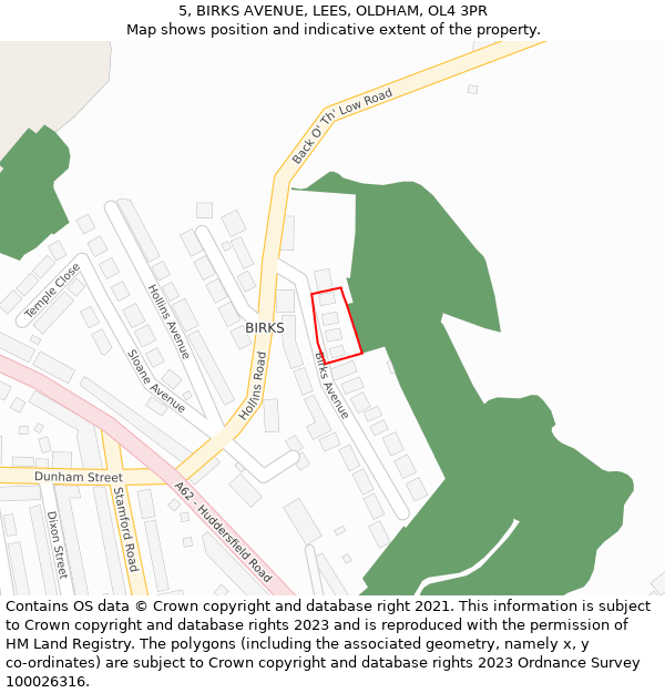 5, BIRKS AVENUE, LEES, OLDHAM, OL4 3PR: Location map and indicative extent of plot