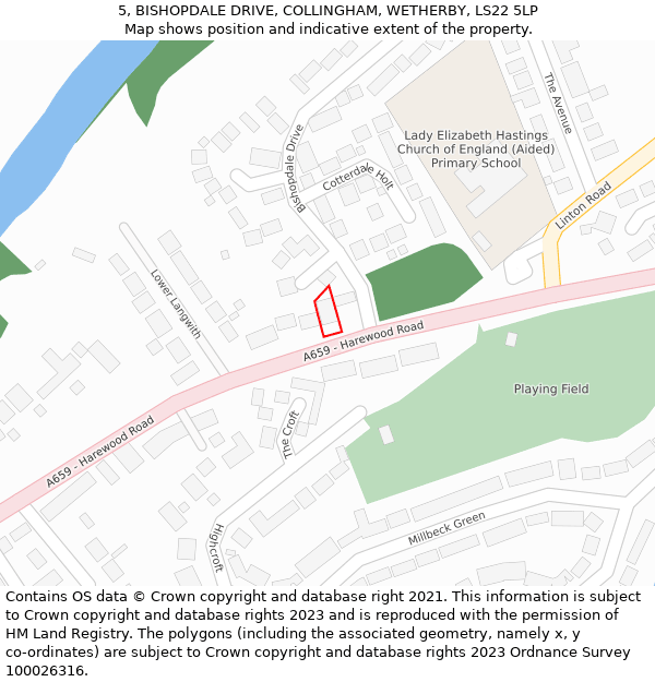 5, BISHOPDALE DRIVE, COLLINGHAM, WETHERBY, LS22 5LP: Location map and indicative extent of plot