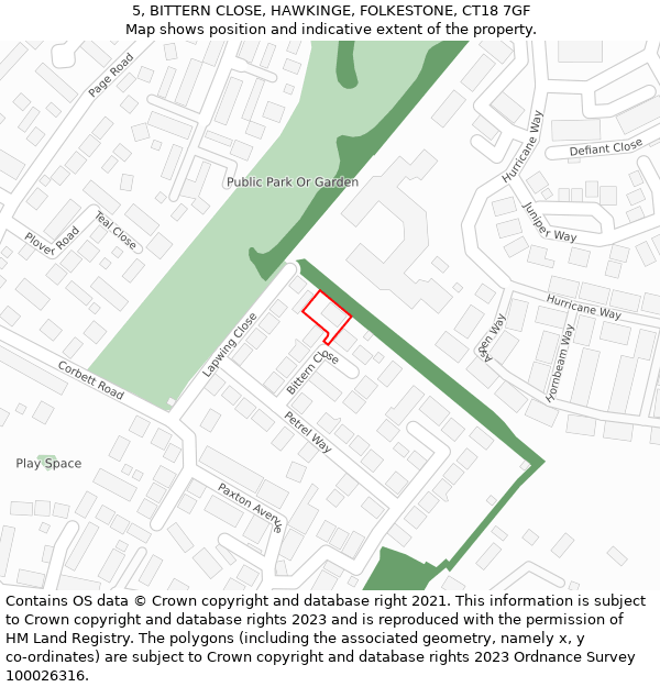 5, BITTERN CLOSE, HAWKINGE, FOLKESTONE, CT18 7GF: Location map and indicative extent of plot