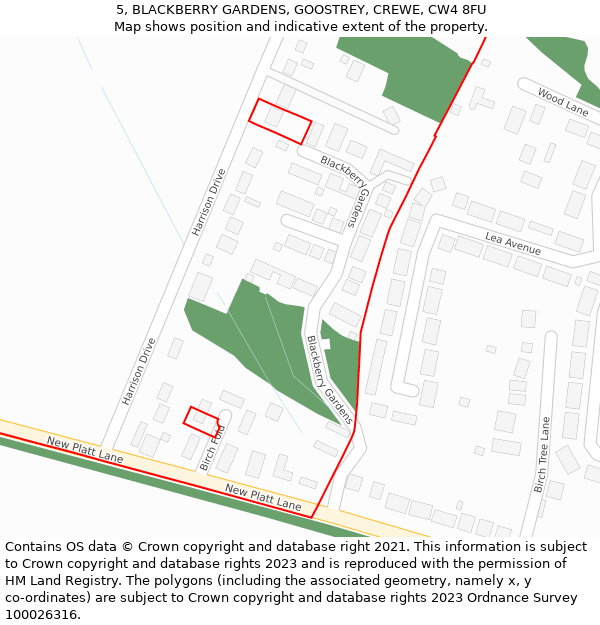 5, BLACKBERRY GARDENS, GOOSTREY, CREWE, CW4 8FU: Location map and indicative extent of plot