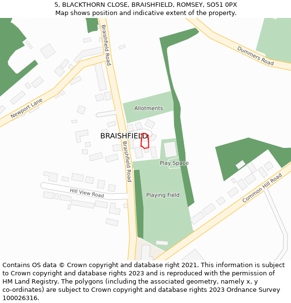 5, BLACKTHORN CLOSE, BRAISHFIELD, ROMSEY, SO51 0PX: Location map and indicative extent of plot