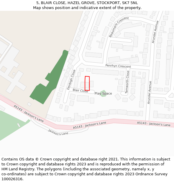 5, BLAIR CLOSE, HAZEL GROVE, STOCKPORT, SK7 5NL: Location map and indicative extent of plot